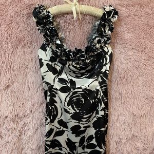 Black and White Floral Satin Cocktail Dress